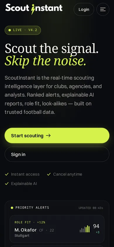 ScoutInstant: η αρχική σελίδα σε κινητό.