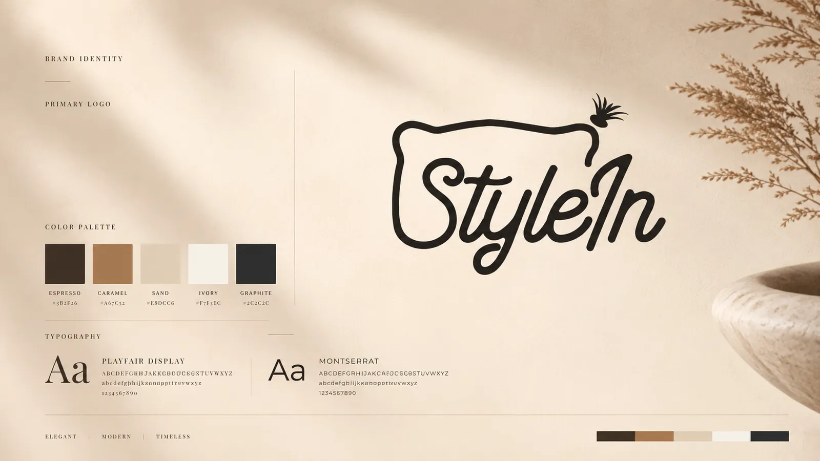 Das Markenidentitäts-Board von StyleIn — Logo, Farbpalette und Typografie.